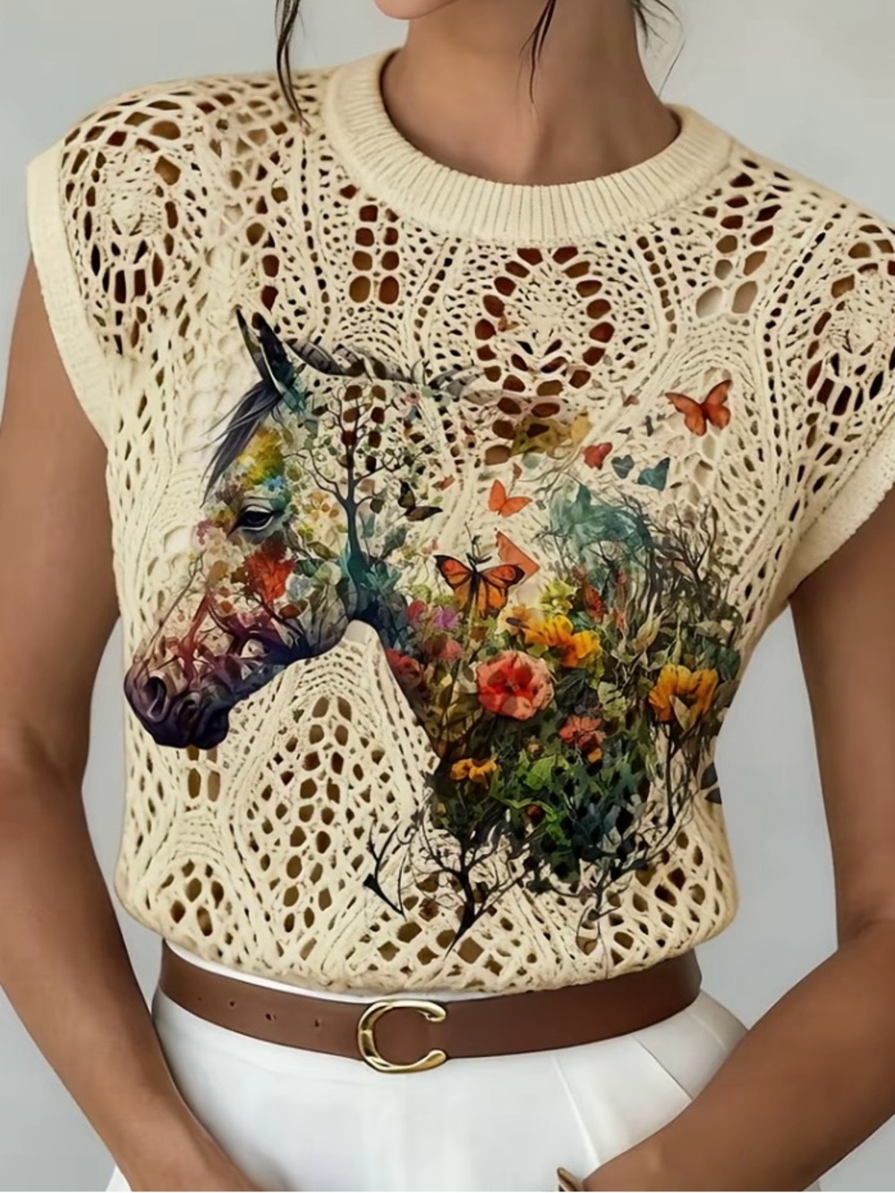 Cream Crochet Tank Top with Multicolor Horse & Floral Artwork